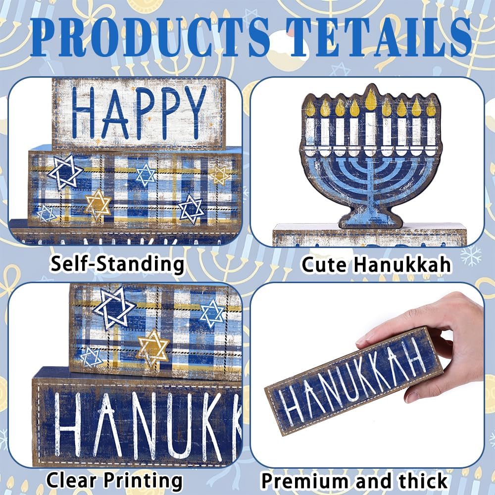 Hanukkah Table Decoration Happy Hanukkah Wooden Block Wooden Decoration Chanukah Table Centerpiece Sign Jewish - Set of 4