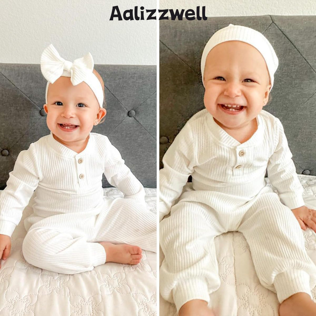 Gender Neutral Long Sleeve Baby Ribbed Outfit with Hat & Headband