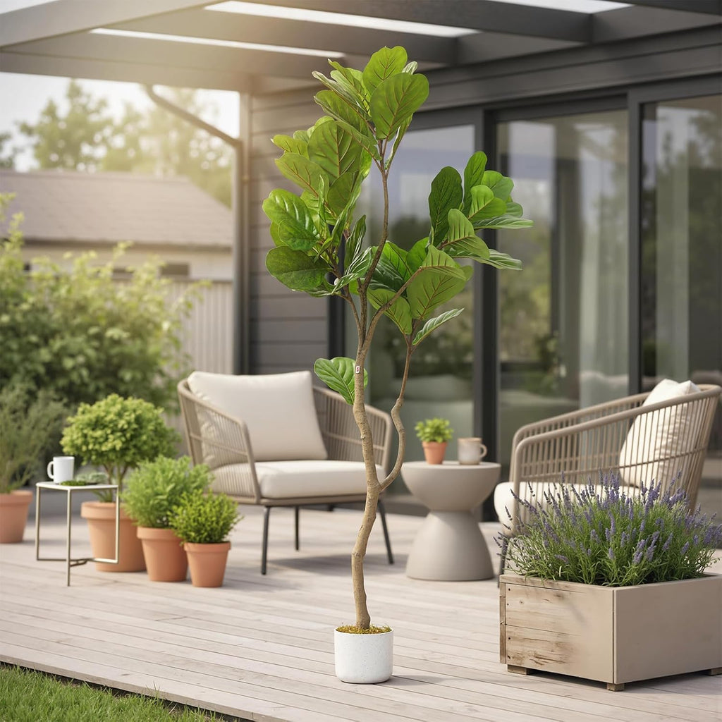 5FT Artificial Fiddle Leaf Fig Tree in White Planter, 61" Tall Fake Plants Ficus Tree with Fake Moss and Trunk