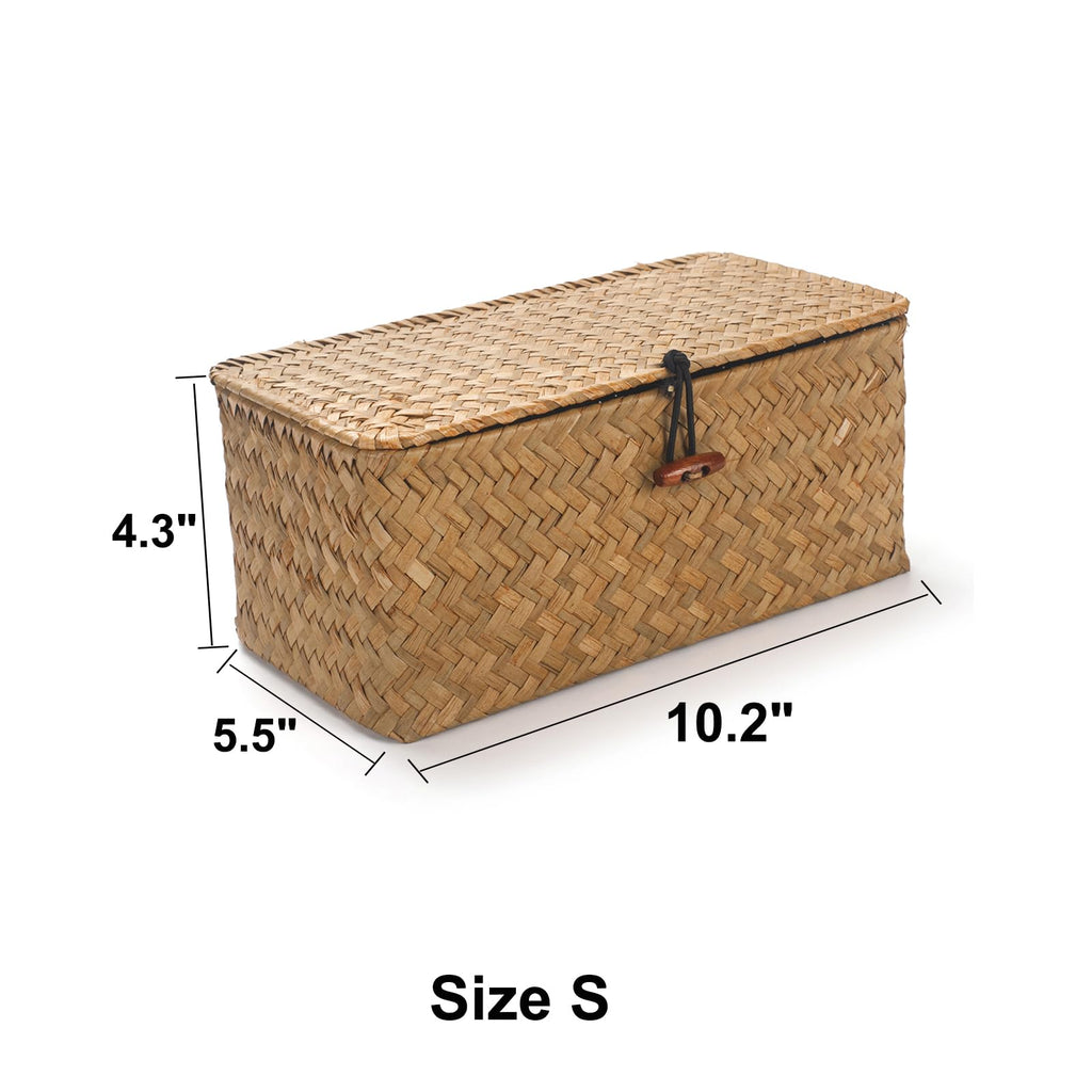 Rectangular Handwoven Seagrass Small Storage Basket with Lid for Shelves and Home Organizer Bins, S