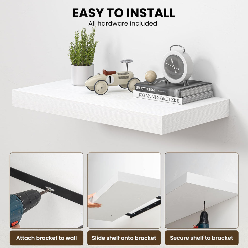 48" Floating Shelves for Wall, 12" Deep Thicker White Floating Shelves, Wall-Mounted Shelves - Set of 2