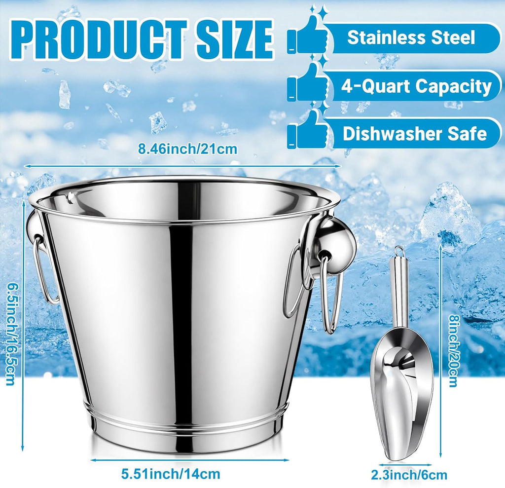 Quart Champagne Bucket Wine Bucket Metal Ice Container with 6 oz Ice Scoop and Handles Stainless Steel - Set of 2