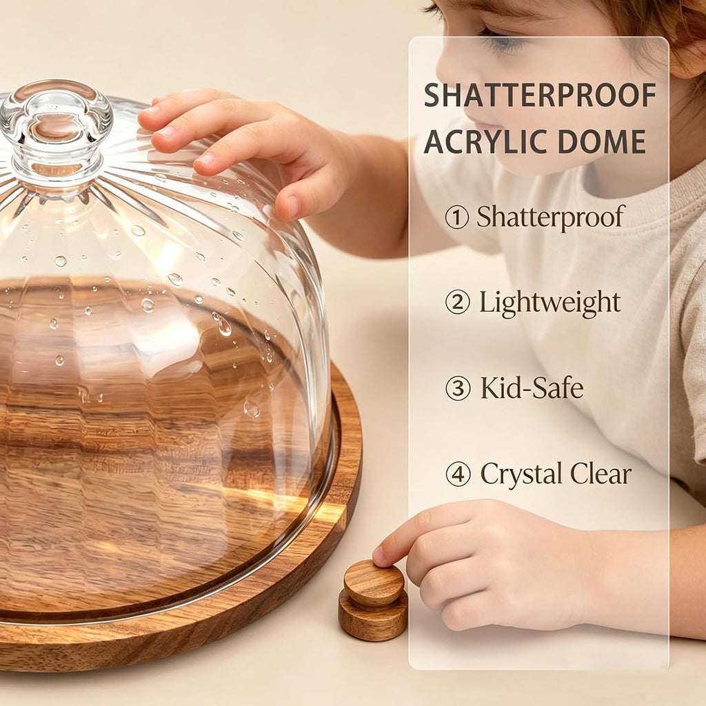 Cake Stand with Lid, 10.8'' Shatterproof Acrylic Dome (Not Glass), 11.8'' Rotating Acacia Wood Cake Display Stand