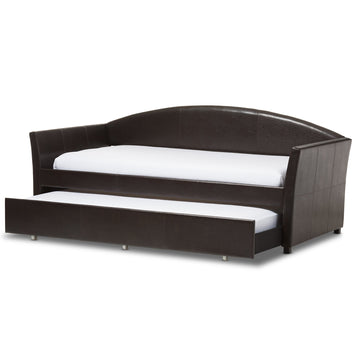 Lucille Modern and Contemporary Brown Faux Leather Arched Back Sofa Daybed with Roll Out Trundle Guest Bed, Twin