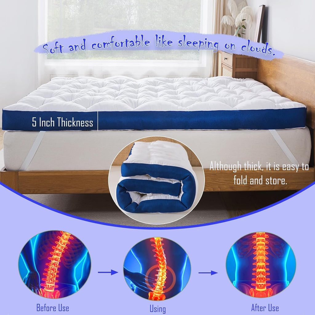 5 Inch Memory Foam Mattress Topper for Back Pain, Filled with Flfuffy Soft Breathable Stuffing, Thick Supportive
