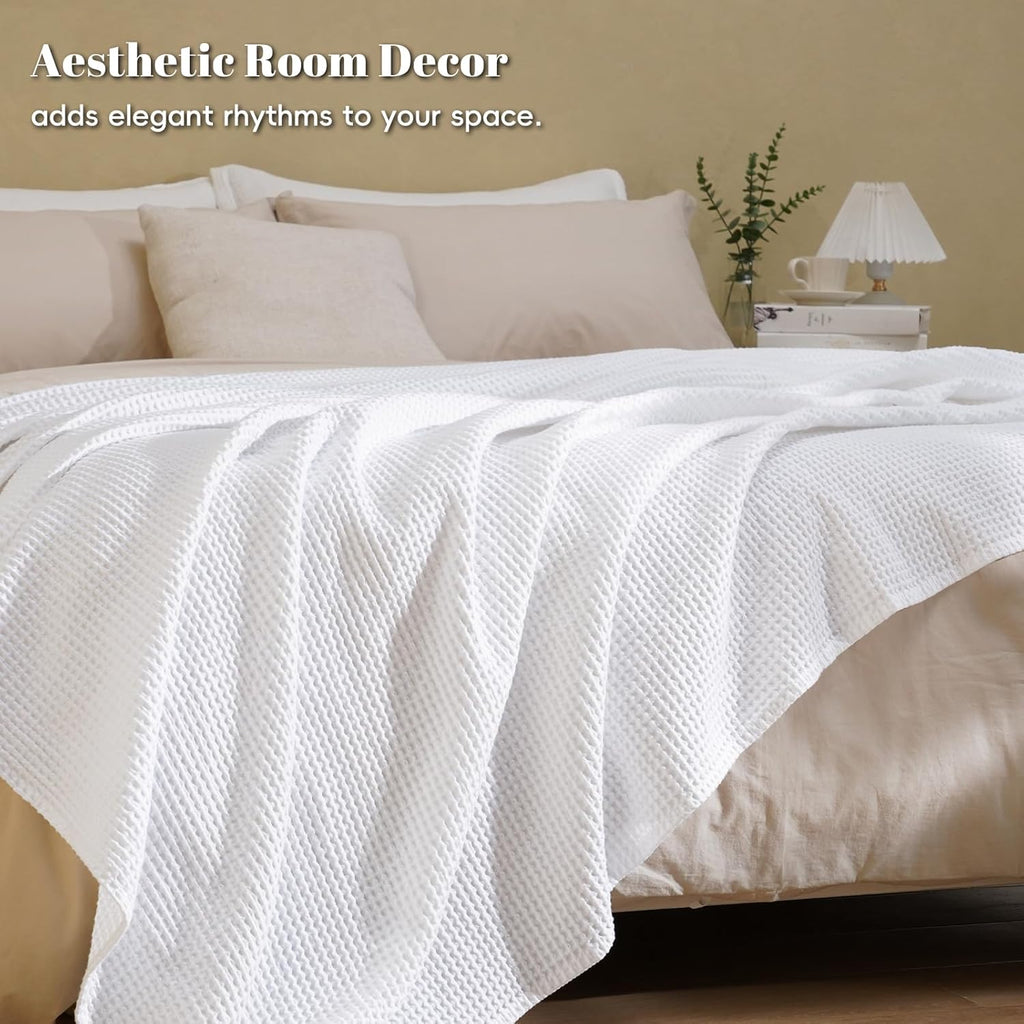 100% Cotton Waffle Weave Throw Blanket 50" x 60"-Lightweight Cozy Washed Soft Breathable Throw Blanket for Adults and