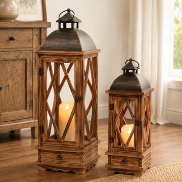Wooden Candle Lanterns Set of 2, Rustic Farmhouse Indoor Outdoor