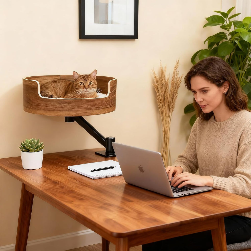 Desk Cat Bed, Elevated Cat Bed for Desk, Space-Saving Cat Hammock, Stable & Comfortable Perch for Indoor Cats, Walnut
