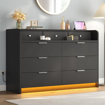 53'' Wide 9 Drawer Dresser , Wood TV Stand Dresser with Power Outlets & LED Light, Chest of Drawers Closet Store