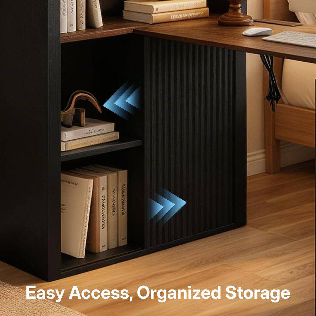 61 Inch L-Shaped Desk with Arched Hutch, Power Outlets, 3 Drawers, File Cabinet & Sliding Door Storage - Black