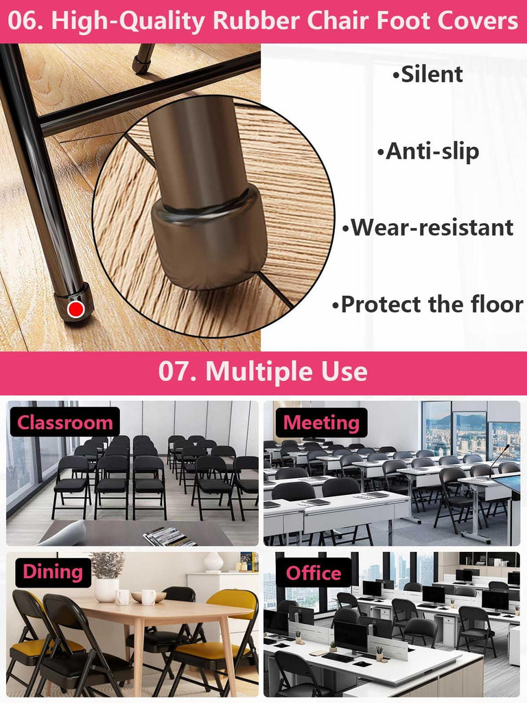 Black Padded Folding Chairs with Cushion 4 Pack, Heavy Duty Steel