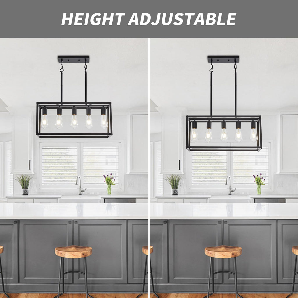 5-Light Kitchen Light Fixtures Black Farmhouse Chandelier Rectangular Dining Room Light Fixture Linear Pendant