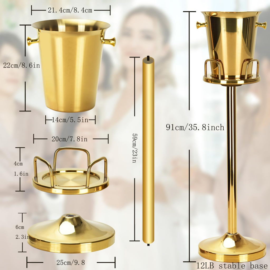 Ice Bucket with Stand Christmas Stainless Steel Standing Bucket Ice Cube Container, Wine Bucket on rack Gold