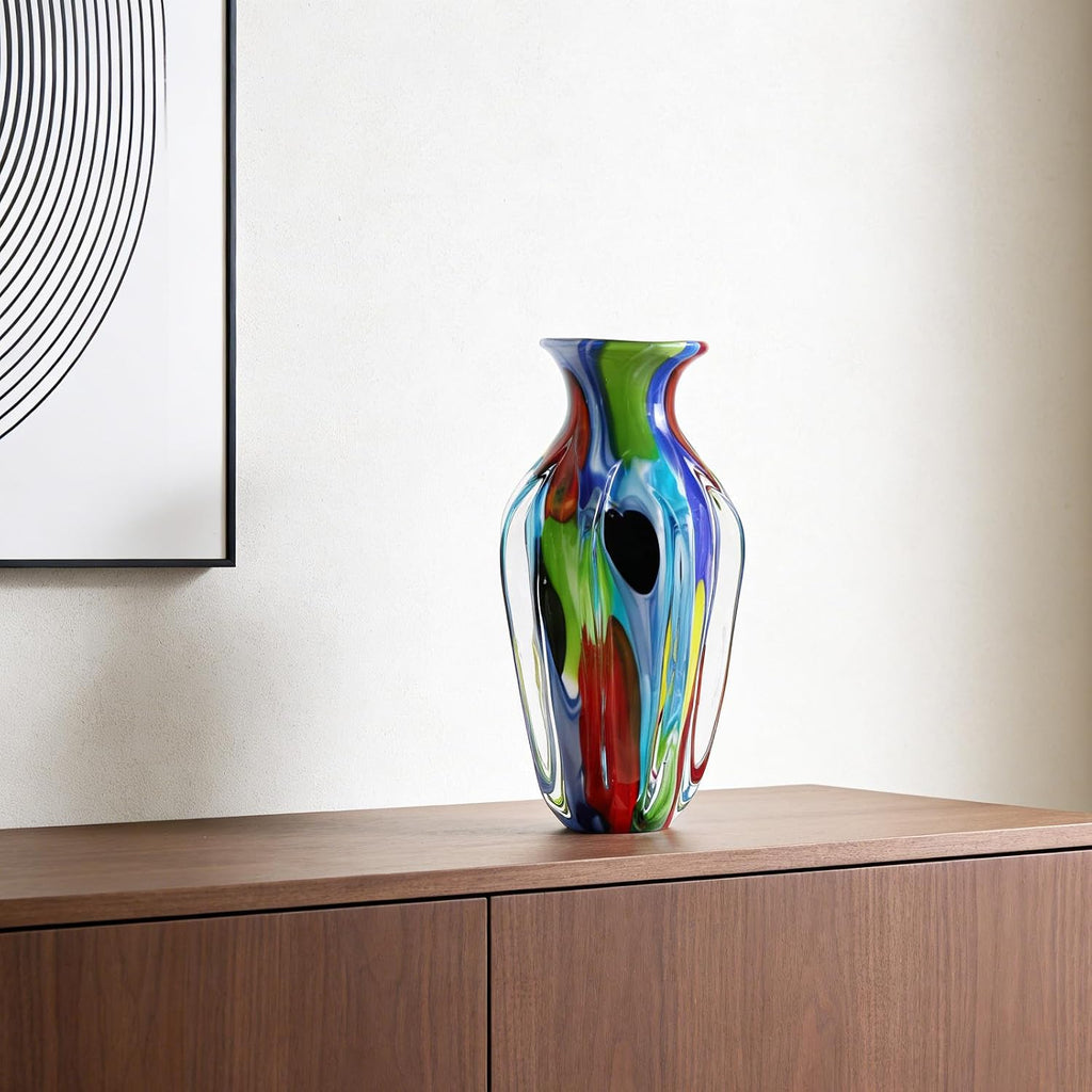 14" H Hand Blown Art Glass Vase, Multicolor Decorative Flower Vase with Wide Mouth Opening, Heavy Artistic Glass