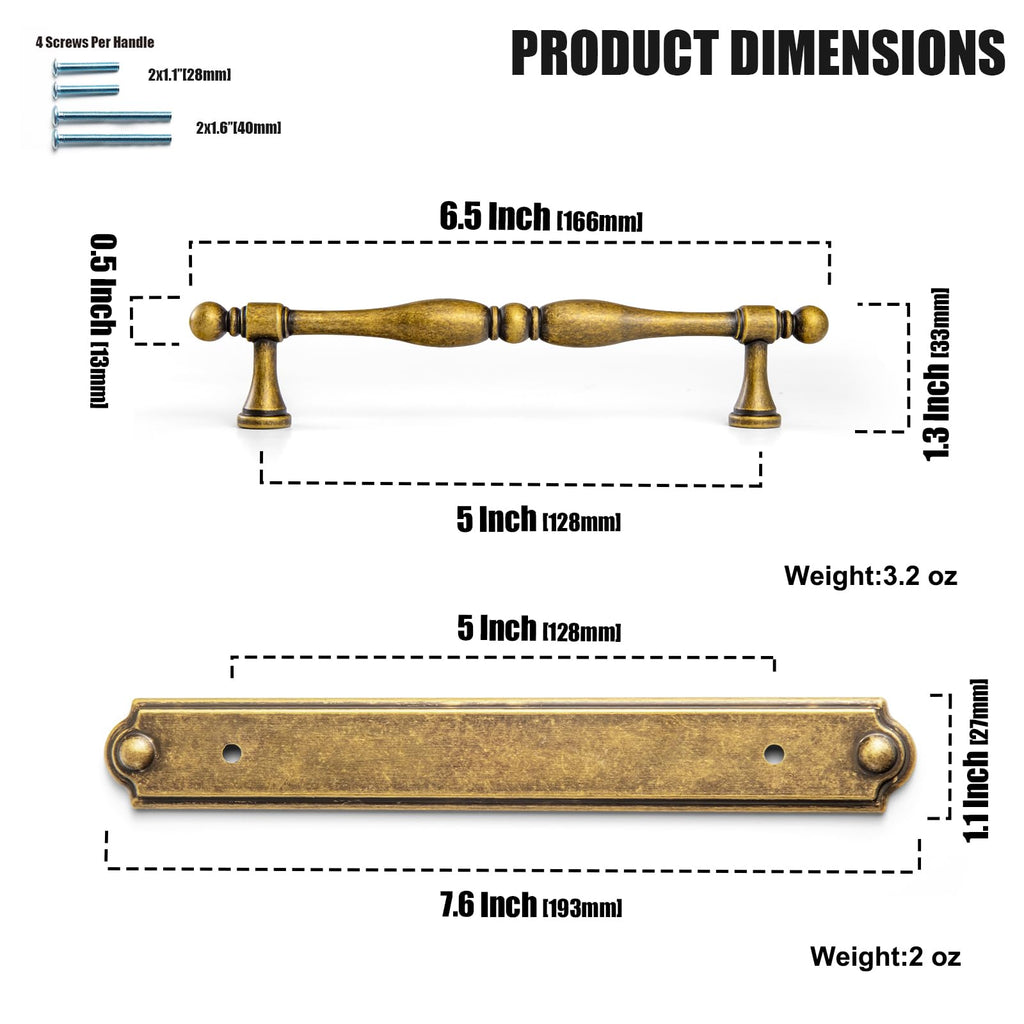 2Pack Antique Brass Cabinet Pulls with Backplate 5" Hole Center