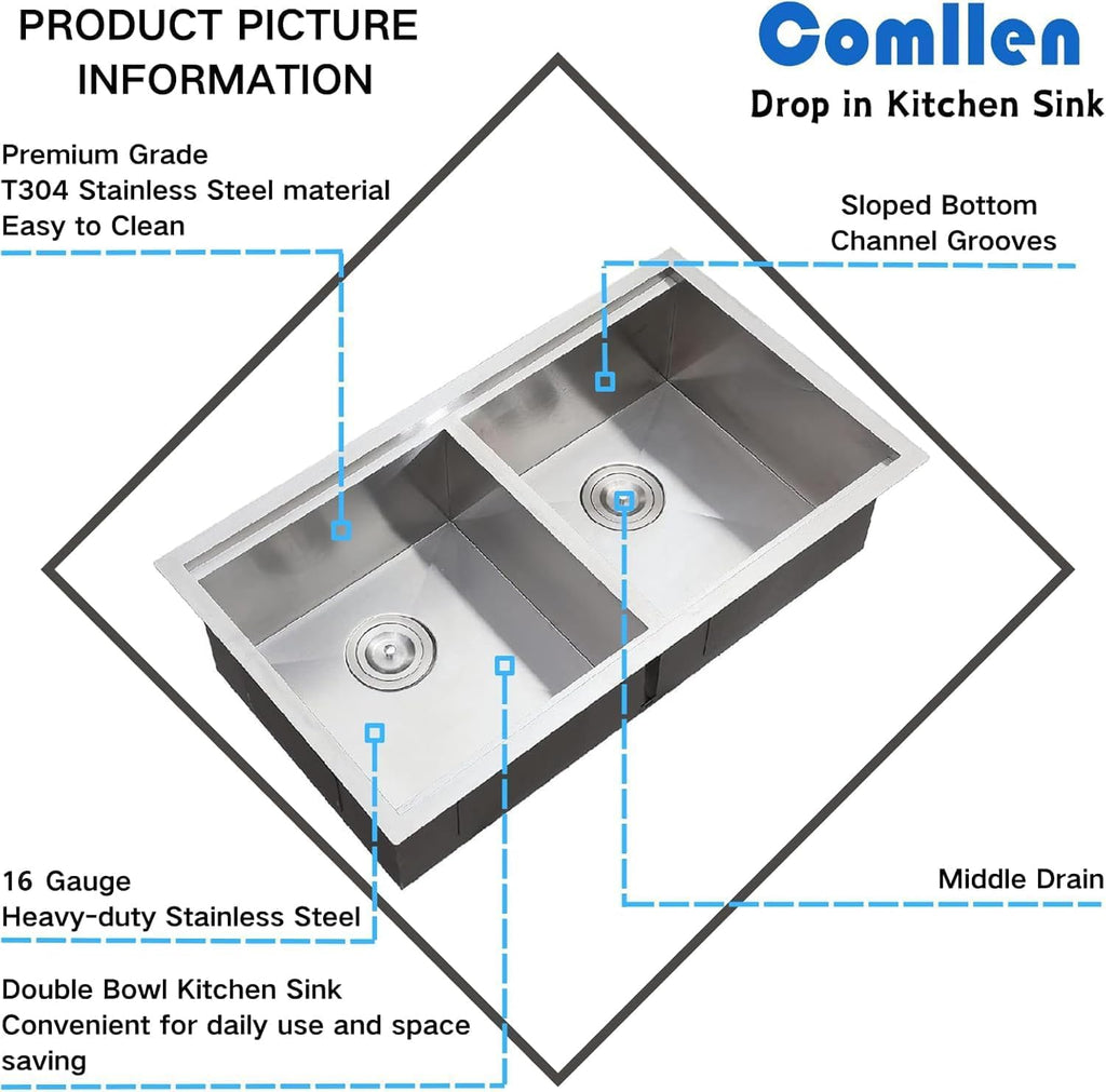33 Inch Double Bowl Undermount Kitchen Sink, 33x19 Inch Workstation 16 Gauge Stainless Steel Double Kitchen Sinks with