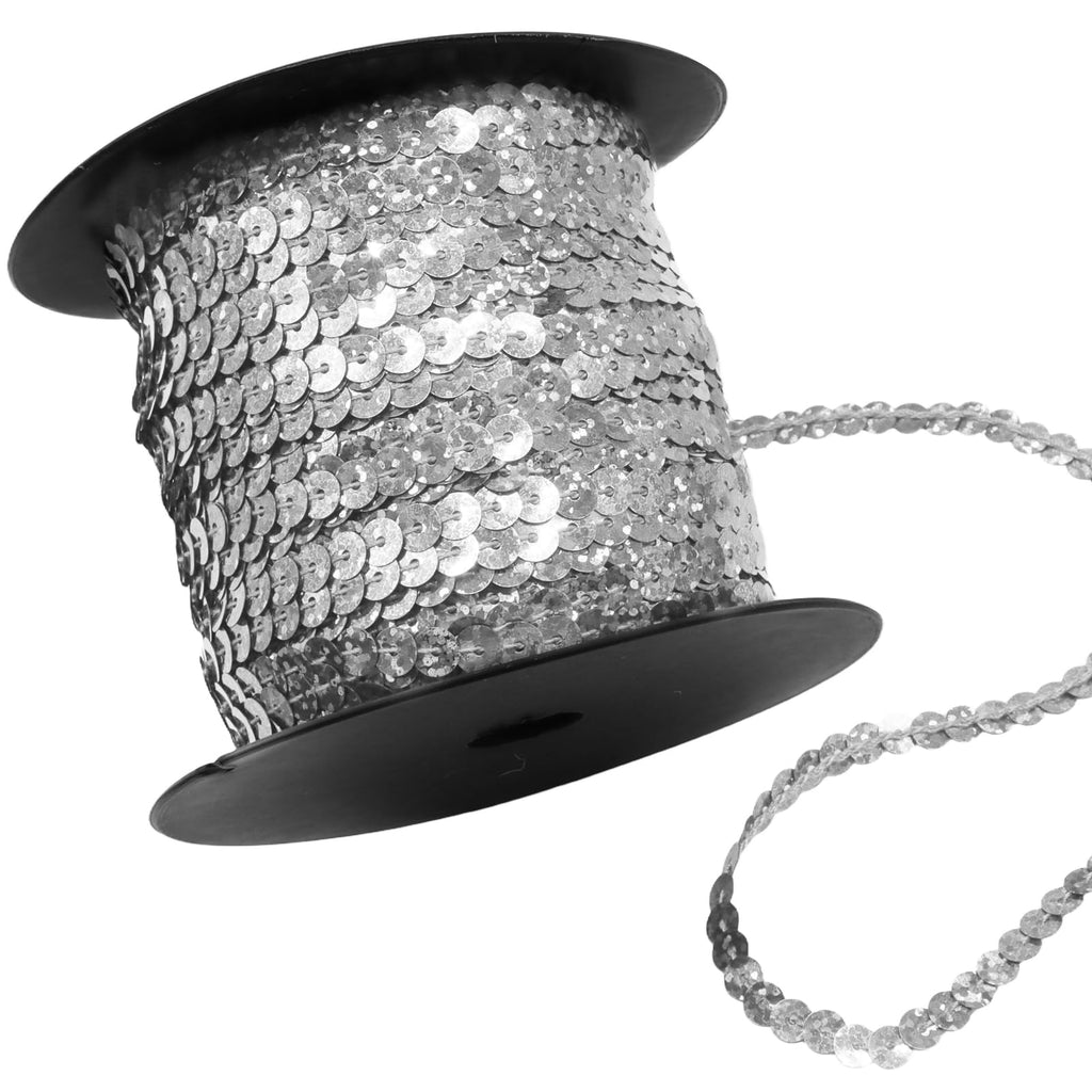 Sequin Trim, Silver, 6mm Flat Round Sequins - 100 Yards