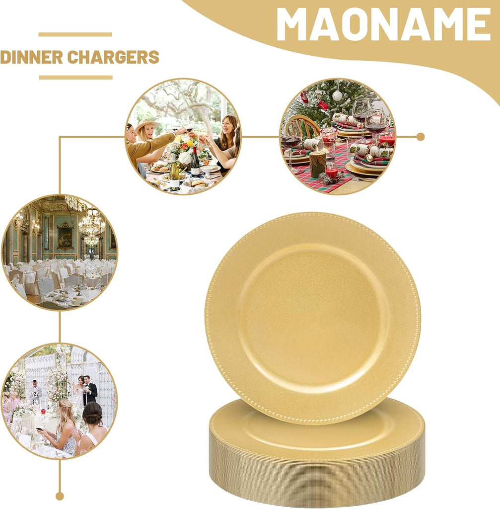Gold Charger Plates Bulk, Plate Chargers with Beaded Rim - Set of 50
