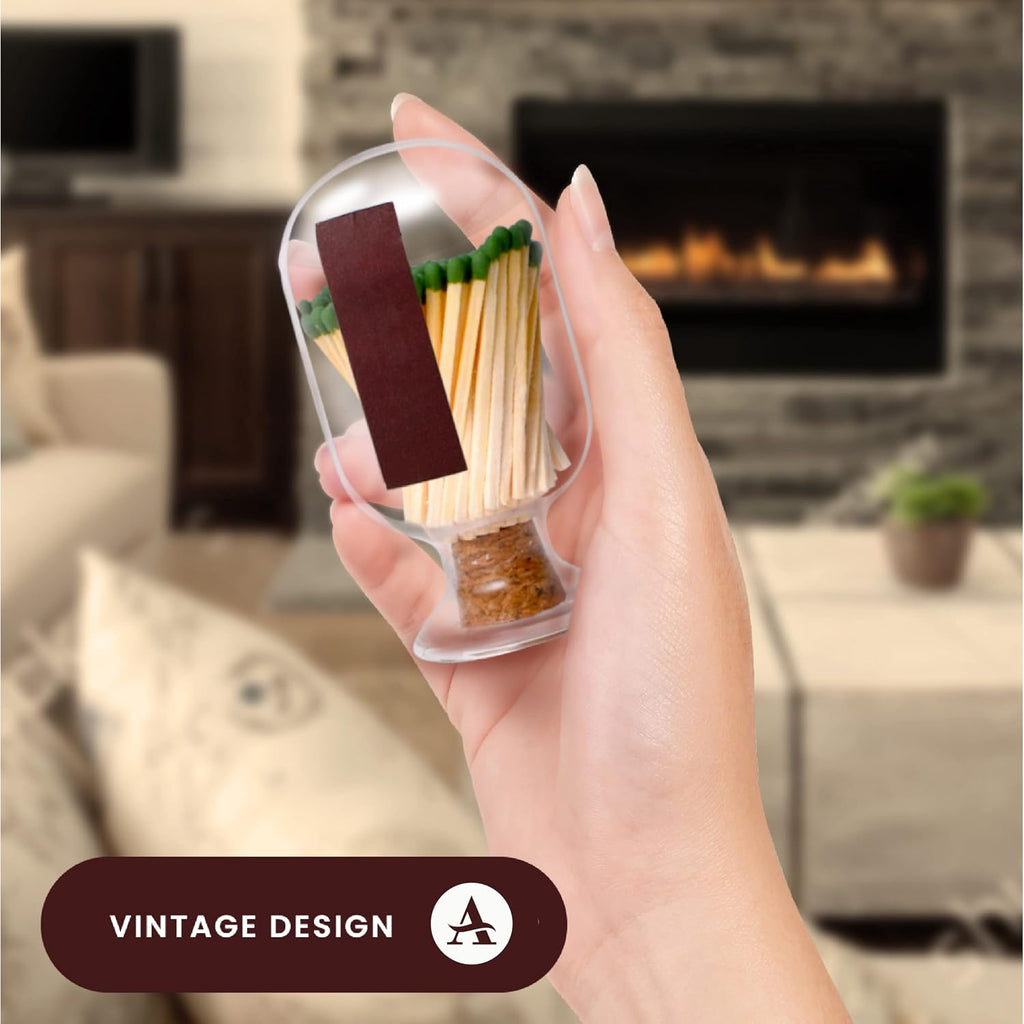 Glass Match Holder with Striker - Includes Fancy Matches in Cloche Jar - Decorative Christmas Gift or Fireplace