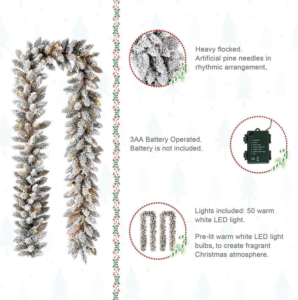 2PCS 9ft Christmas Garlands with Lights, Prelit Snow Flocked Christmas Garlands for Mantle, Fireplace, Windows, Front