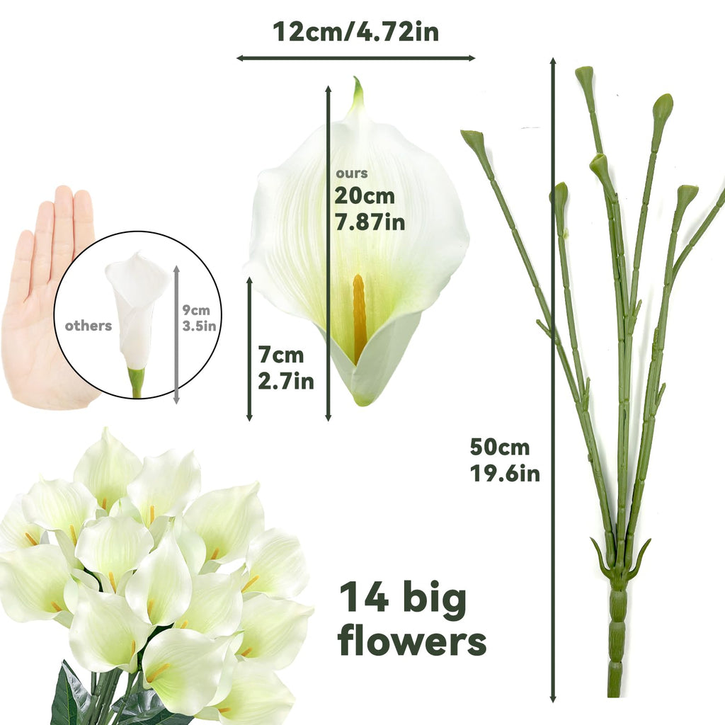 14 Big Heads Artificial Calla Lilies with Green Leaves, Realistic Latex Calla Lilies with Removable Flower Heads, Real