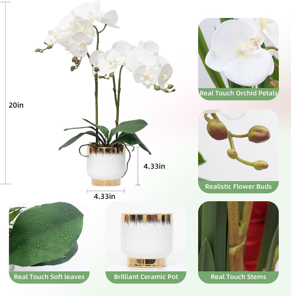 Orchids Artificial Flowers Real Touch Fake Flowers in Ceramic Pot 20" White Faux Orchid Plant Lifelike Silk
