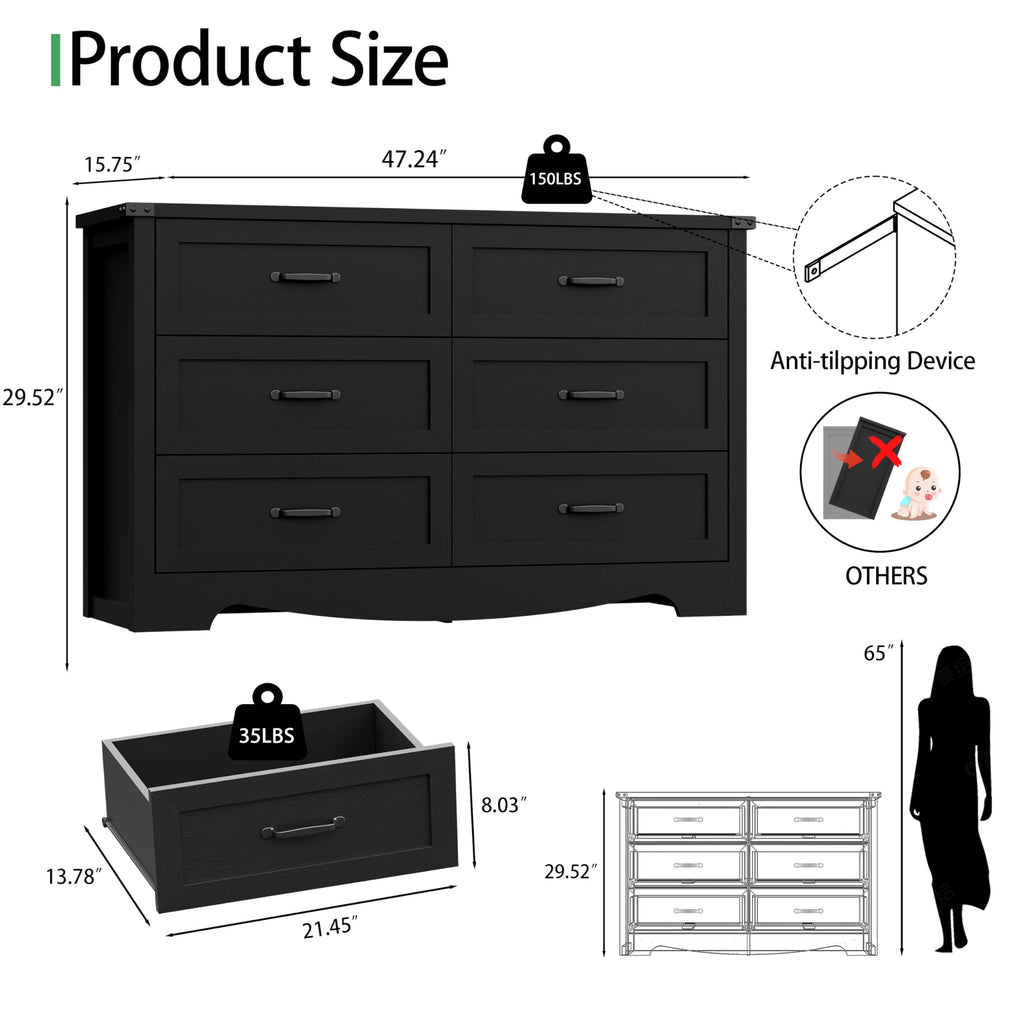 Dresser with 6 Drawers, 48" Wide Wood Chest of Drawers with Deep Drawers & Mental Handle, Modern Dresser TV Stand