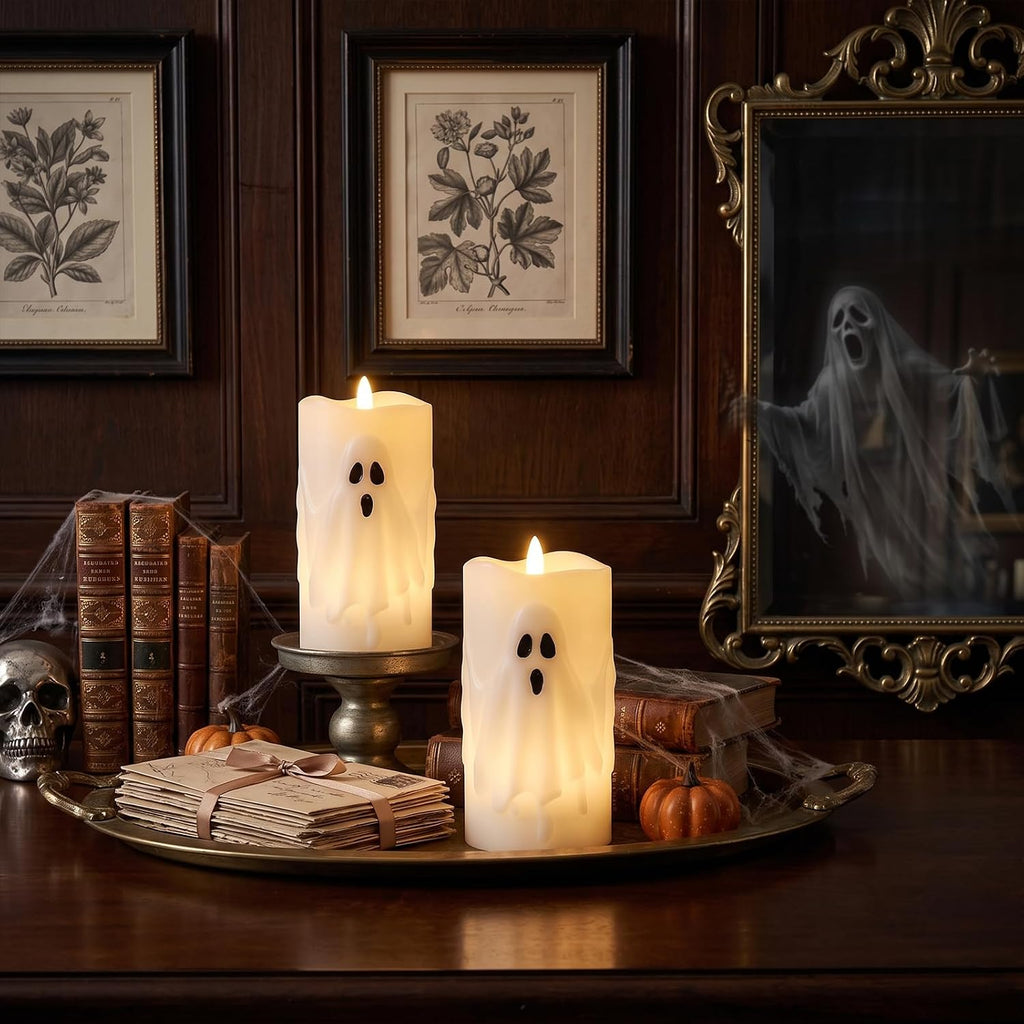 Halloween Ghost Flameless Pillar Candles with Remote Timer - Set of 2