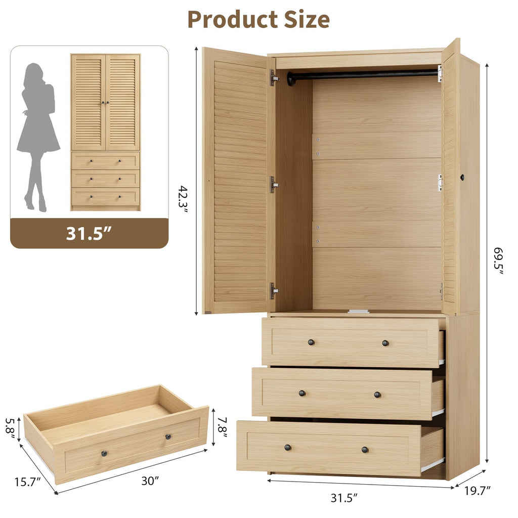 70" Wardrobe Armoire Wooden Closet with 2 Doors and 3 Drawers, Oak