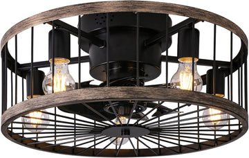 20 Inch Caged Ceiling Fan with Lights and Remote, Low Profile Bladeless Ceiling Fan with Rustic Wood Color Edge
