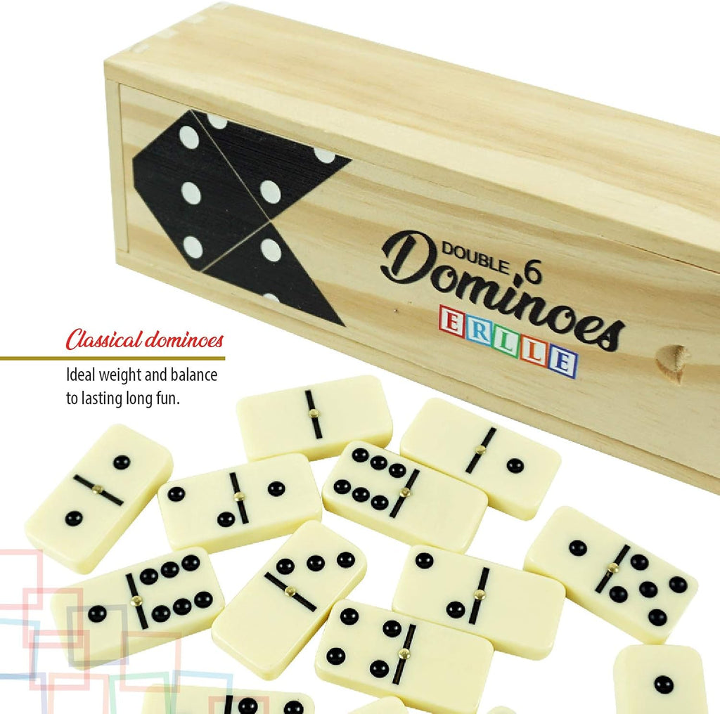 Dominoes Set, Premium Classic 28-Piece Double Six Domino Set with Wooden Case, Family & Kids Board Game, Mexican