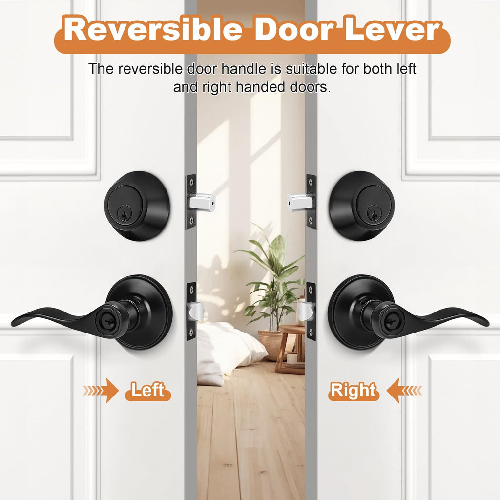 Front Door Entry Lever Lockset, Single Cylinder Deadbolt Combination Set, Flat Black Finish Keyed Alike Combo