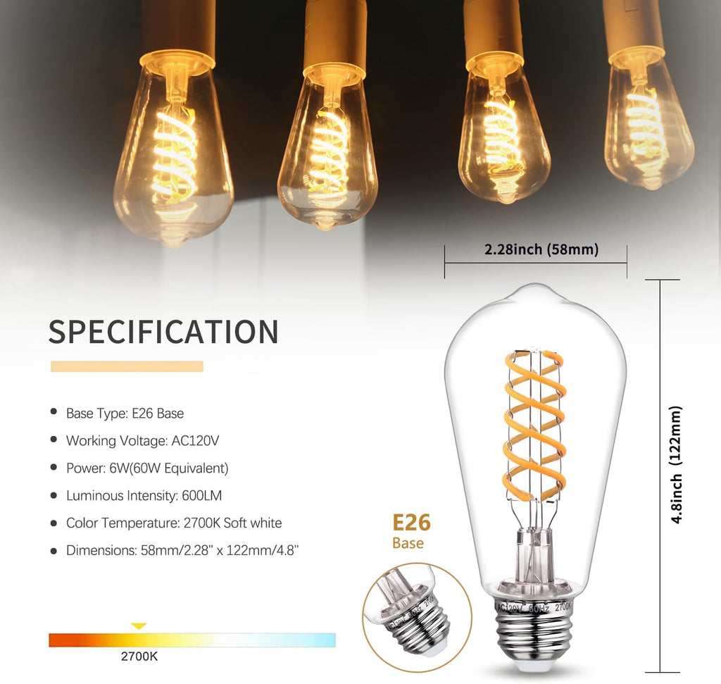 4 PCS ST58 Dimmable Spiral Vintage E26 LED Bulb 60 Watt LED Edison Bulbs