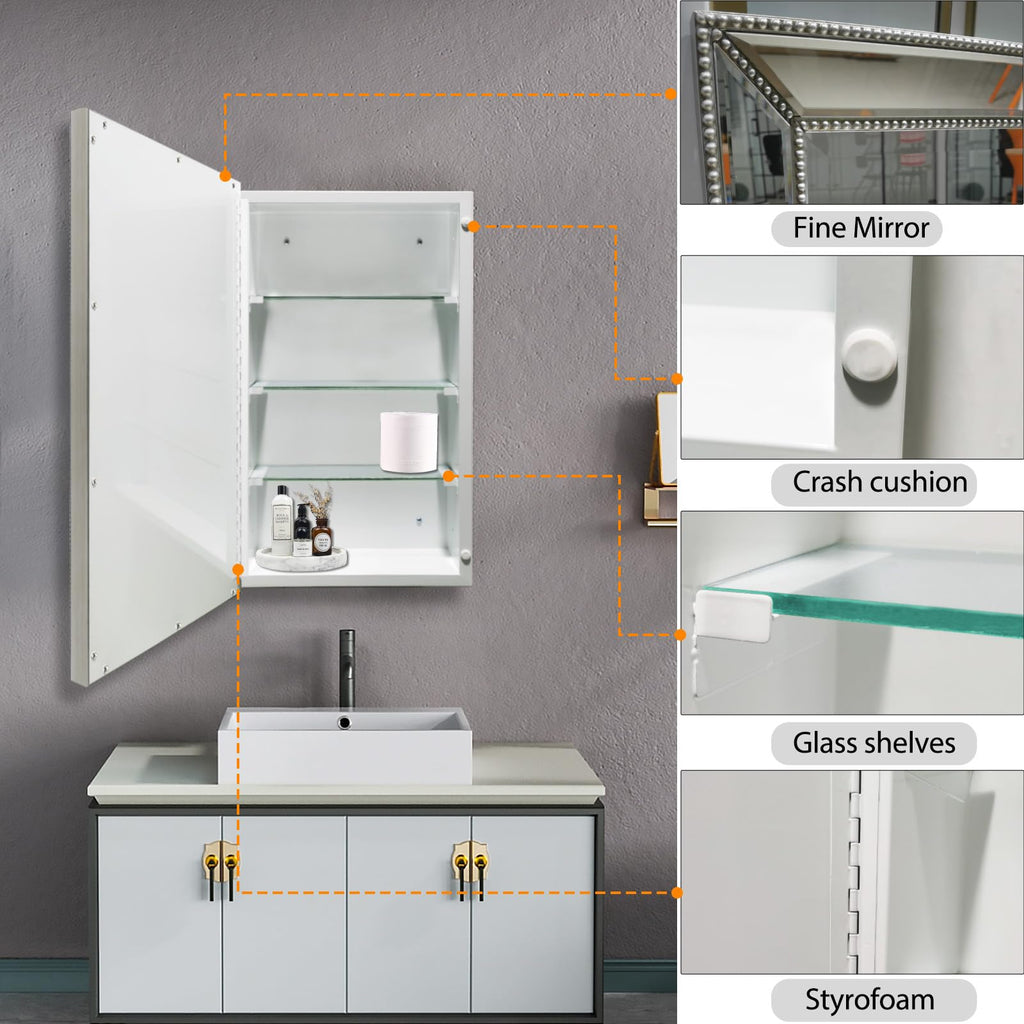 20x32 Inch Bathroom Medicine Cabinet, Silver Metro Beaded Wooden Frame, Retro Bevel Mirror, Recessed & Surface Mount