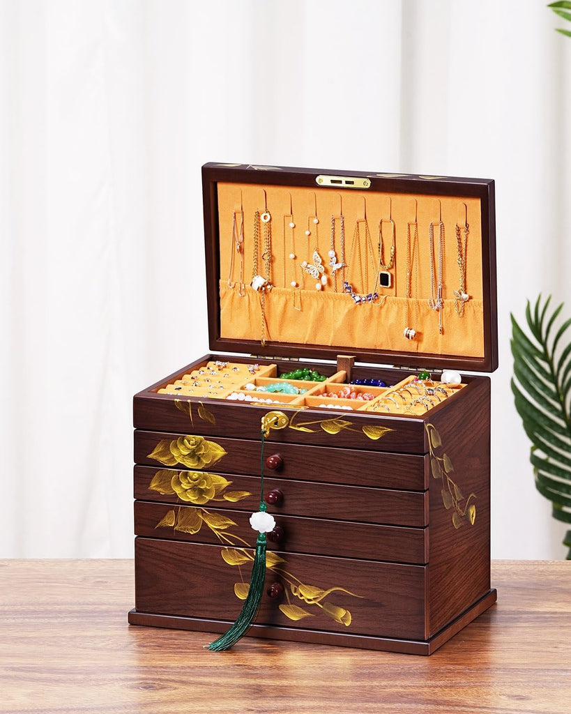 Painted Wooden Jewelry Box for Women, 6-Layer Vintage Organizer with Lock