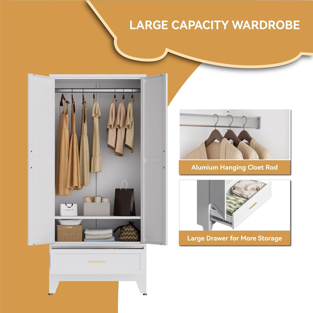 Metal Wardrobe Closet , 71" Freestanding Armoire Wardrobe with Drawer and Shelf, Hanging Rod Clothing Storage Cabinet