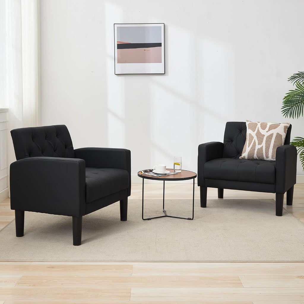 Black Leather Accent Chairs, Tufted M-C-M Chairs - Set of 2