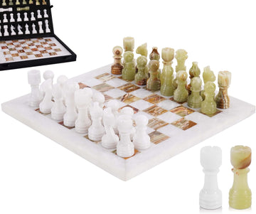 Marble Chess Set 12 Inch White and Green Handmade Board Game with Storage Box, Classic Travel Chess Set for Adults - Set of 35