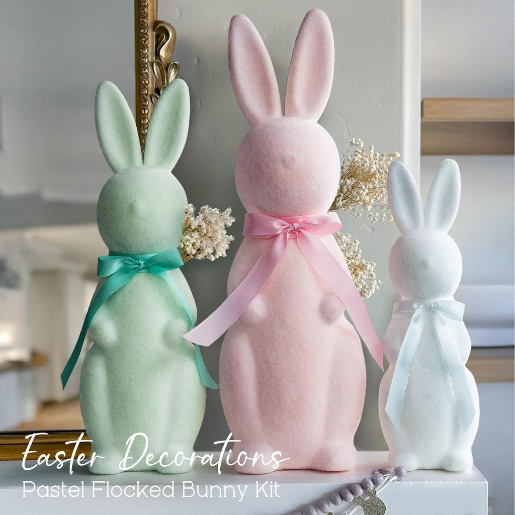 Easter Decorations - 3 Pack Pastel Flocked Bow-Tied Bunny Set (10", 13", 16") - Spring Table Centerpieces Decor - Set of 3