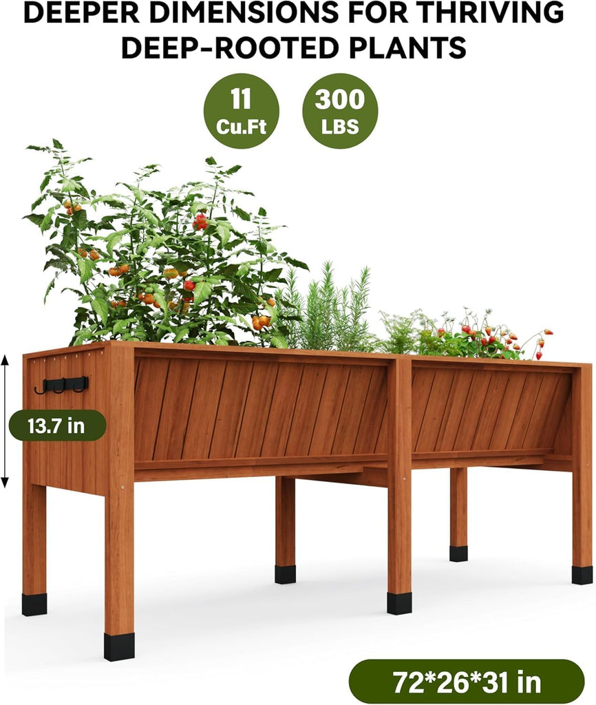 6x2x2.5 ft Large Raised Garden Bed (72x26x30 in) - Elevated Wood Planter Box with Storage Hooks & Locking Wheels