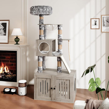 Cat Litter Box Enclosure with Cat Tree Tower and Condo, Hidden Cat Washroom Furniture with Sisal Scratching Post