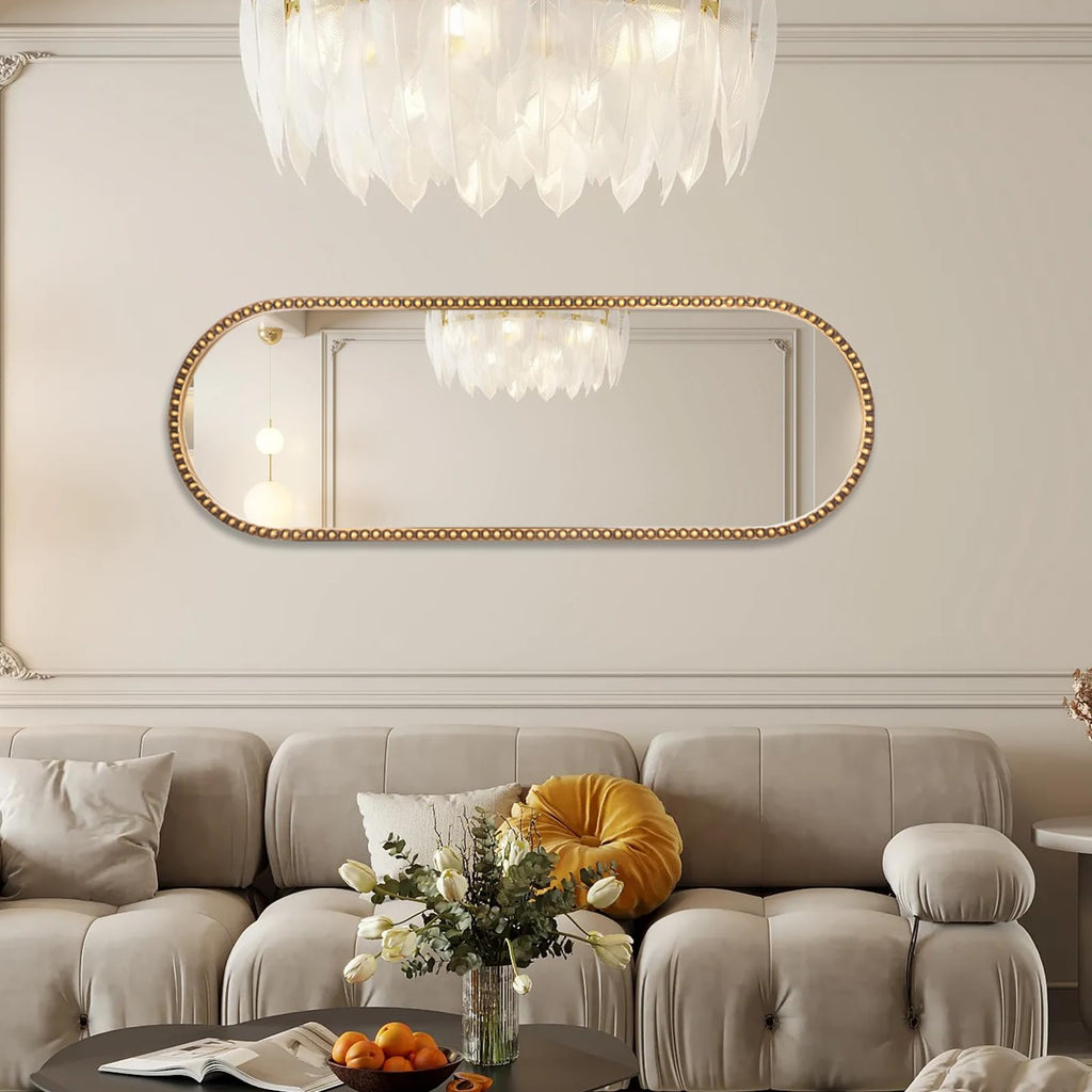 Oval Full Length Mirror, 20"x53" Metal Beaded Frame Large Hanging Dressing Floor Mirror, Antique Gold (No Stand)