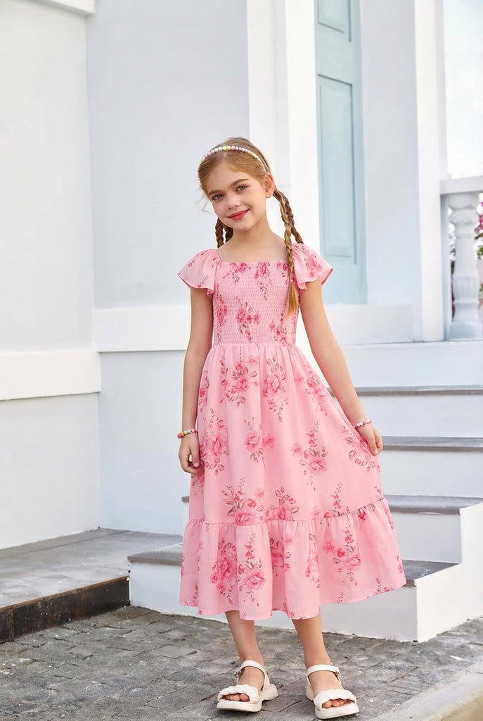 Girls Flutter Sleeve Floral Maxi Dress Spring Summer