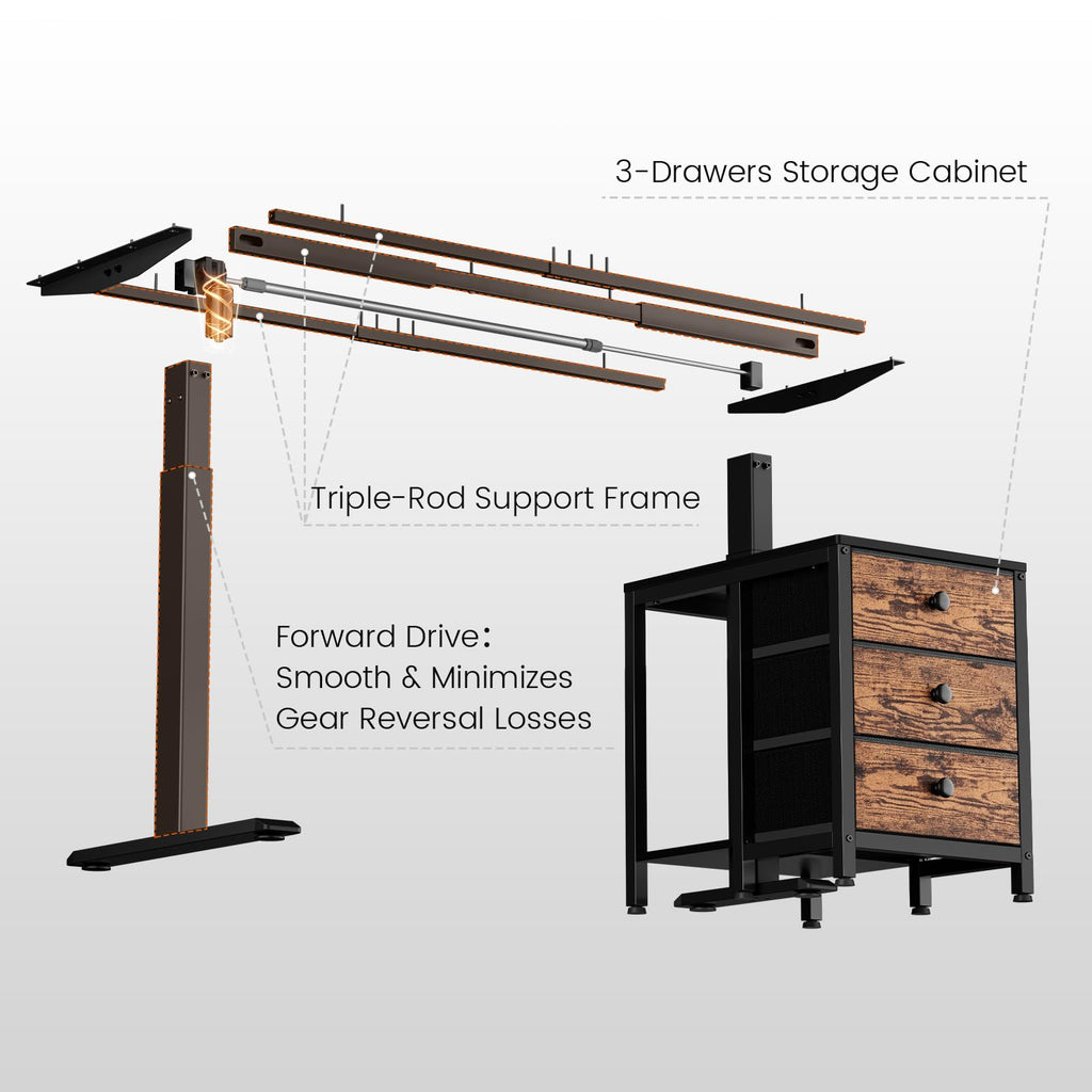 55 Inch Rustice Brown Height Adjustable Standing Desk with Drawers