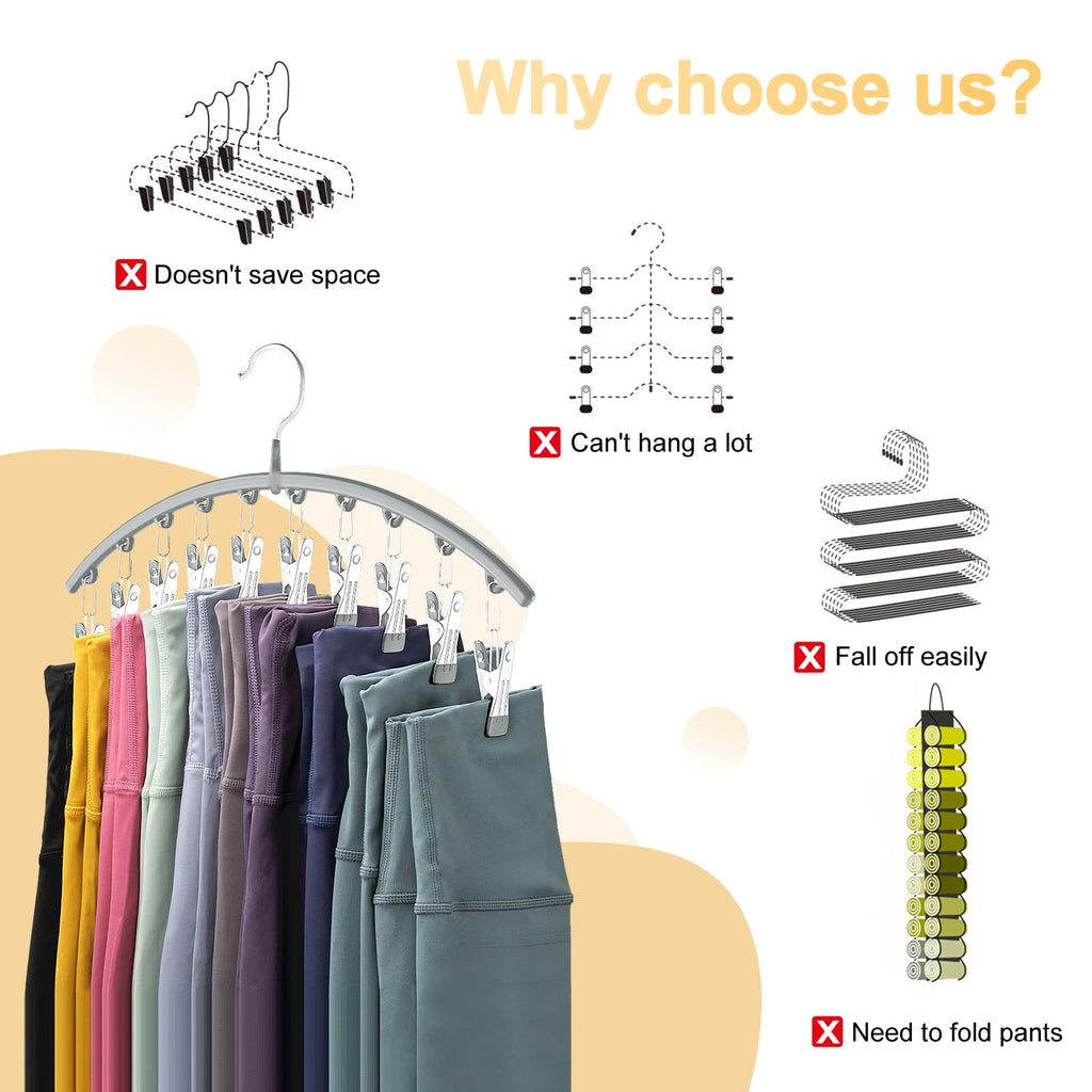 Legging Organizer for Closet, Metal Yoga Pants Hanger w/Rubber Coated 4 Pack w/10 Clips Hold 40 Leggings, Hangers