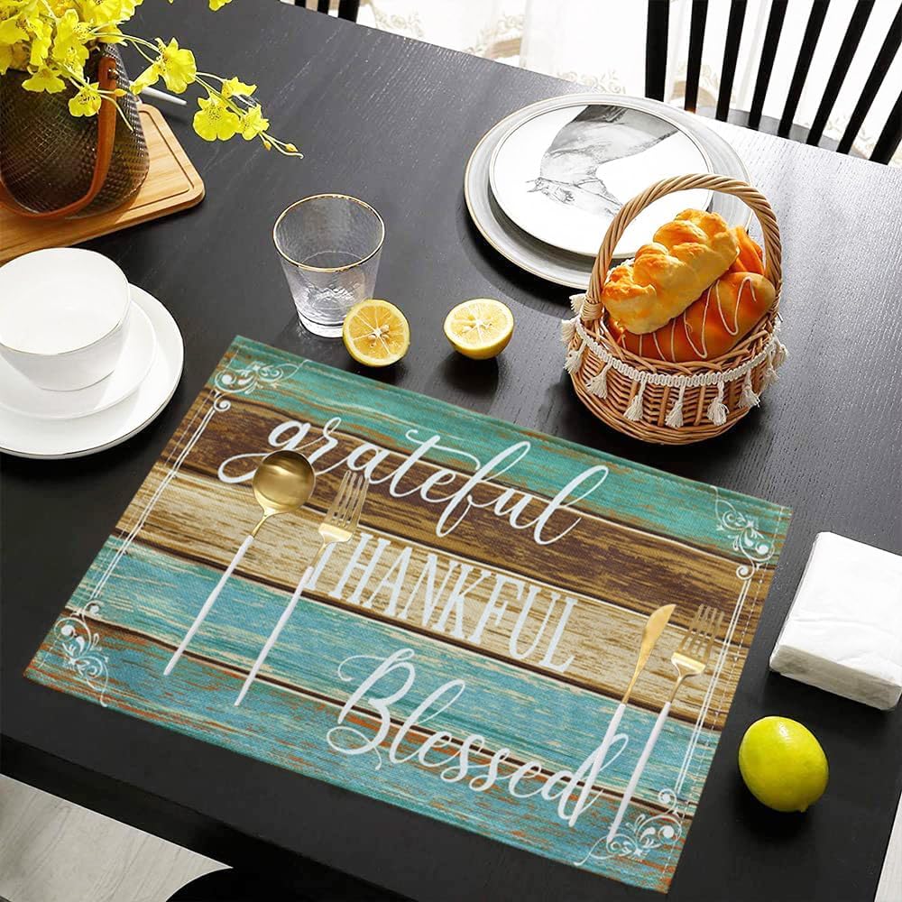 Farmhouse Teal Placemats Thankful Blessed Table Mats - Set of 4