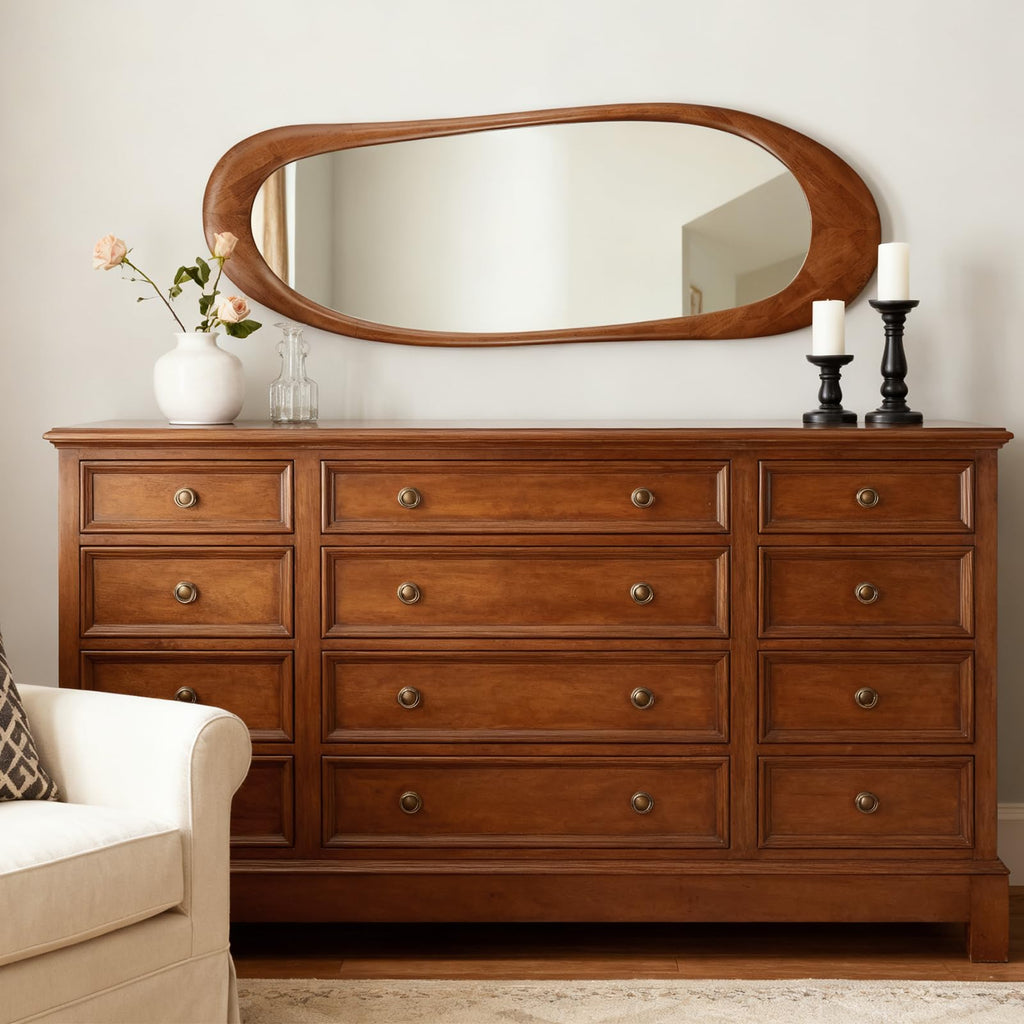 Asymmetrical Full Length Wooden Mirror, 22.5" x 63" Irregular Solid Wood Wall Mirror, Boho Decor Living Room