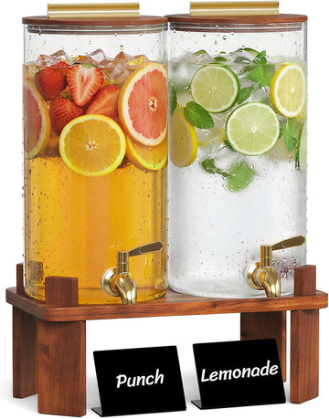 1.5 Gallon Glass Drink Dispenser with Wood Stand & Leakproof Spigot - Set of 2