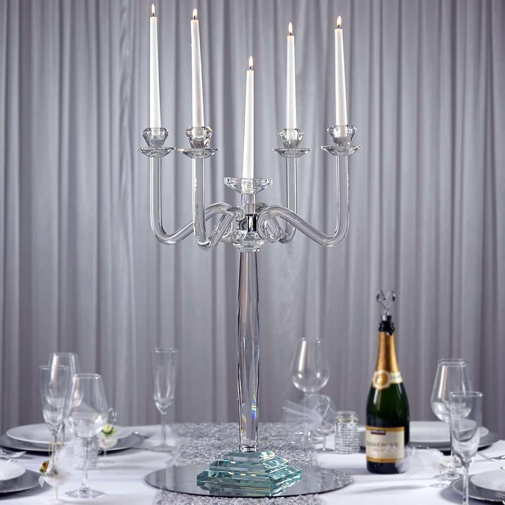 27" Tall Handcrafted Gem Cut 5 Arm Crystal Modern Glass Candelabra Candle Holder Wedding Centerpiece