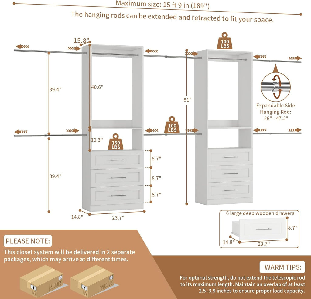 Closet System with 6 Drawers, 4FT-15FT 2-Piece Closet System, Walk in Closet Organizer System, Modular Closet System